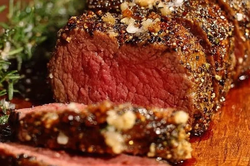 Perfect Peppercorn Crusted Beef Tenderloin served with herbs and spices