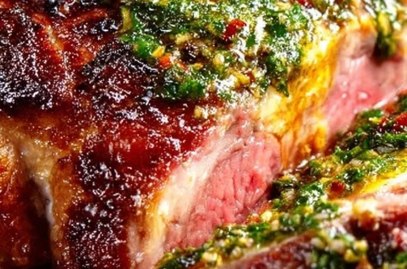 Perfect roasted leg of lamb served with mint chimichurri sauce