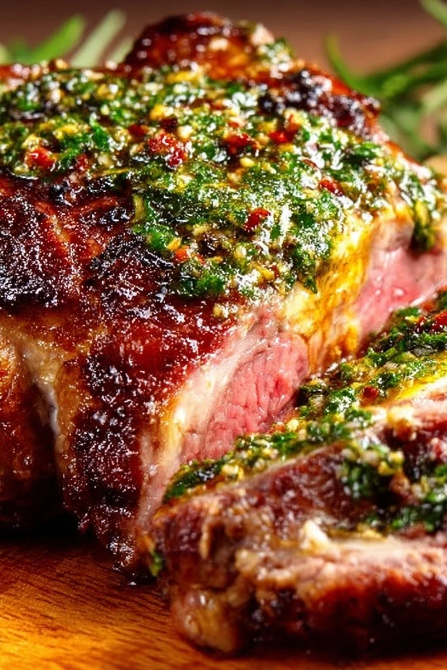Perfect roasted leg of lamb served with mint chimichurri sauce