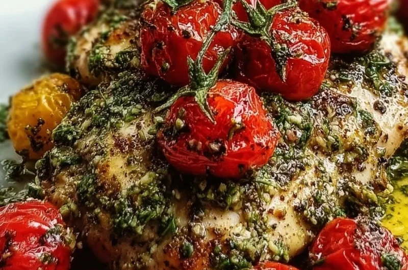 Pesto Chicken with Cherry Tomatoes on a white plate