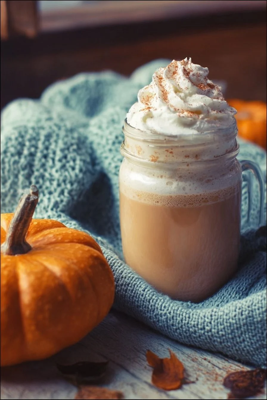 Delicious Pumpkin Spice Latte topped with whipped cream and spices in a cozy setting.