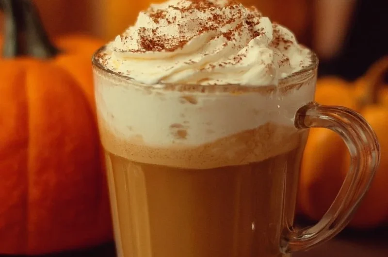 A steaming cup of Pumpkin Spice Latte topped with whipped cream and cinnamon.