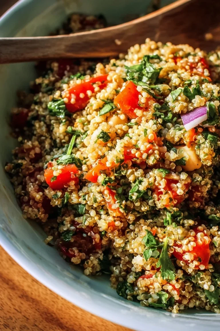 Colorful quinoa salad with vegetables and dressing in a bowl