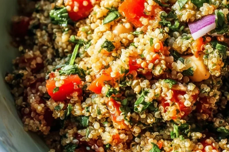 Colorful quinoa salad with vegetables and dressing in a bowl