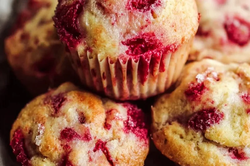 Delicious homemade raspberry muffins fresh out of the oven.