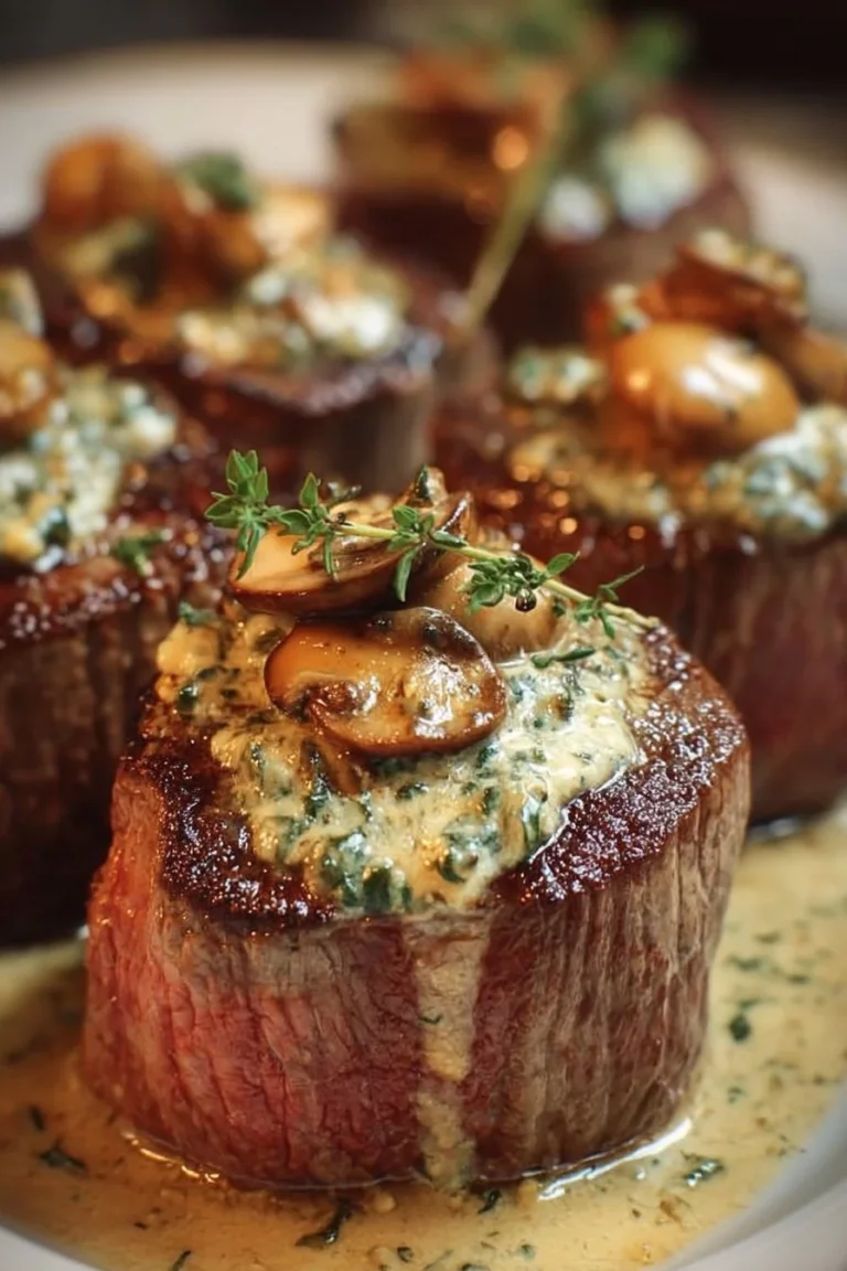 Delicious filet steaks with creamy mushroom and herb topping ready to serve.