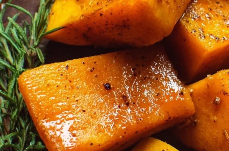 Plate of roasted butternut squash garnished with herbs and spices
