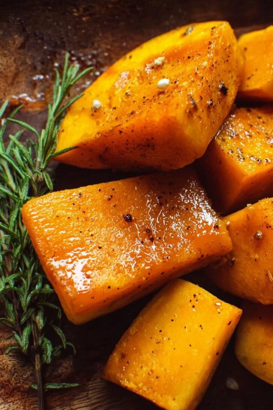 Plate of roasted butternut squash garnished with herbs and spices