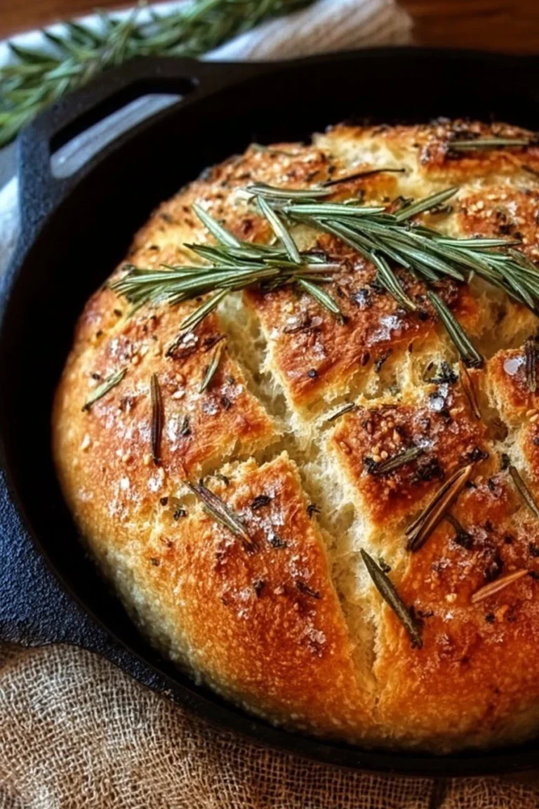 Freshly baked rustic garlic rosemary skillet bread served warm.