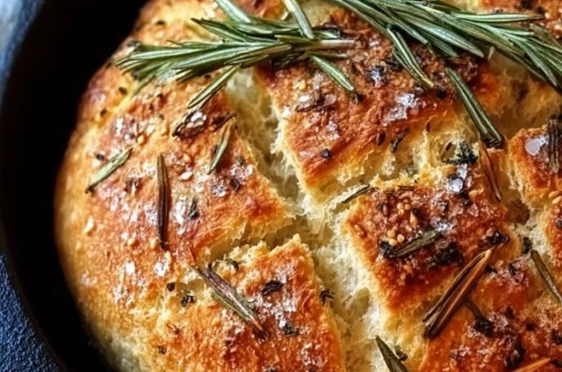 Freshly baked rustic garlic rosemary skillet bread served warm.