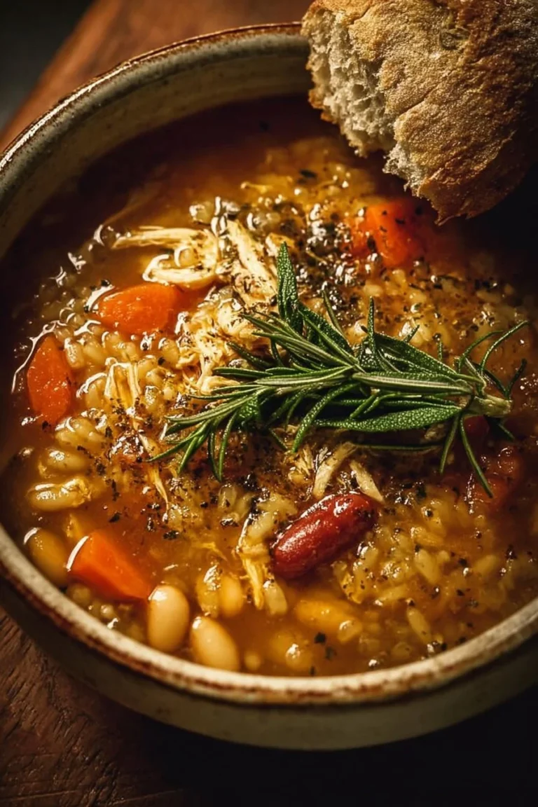Bowl of rustic Italian Chicken Soup with farro and borlotti beans