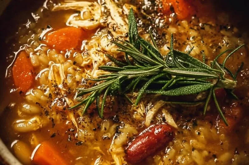Bowl of rustic Italian Chicken Soup with farro and borlotti beans