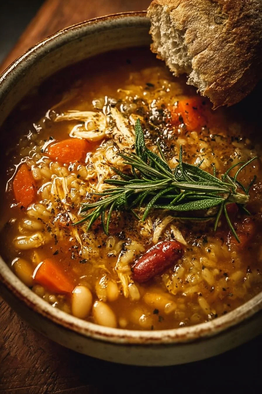 Rustic Italian Chicken, Farro, and Borlotti Bean Soup
