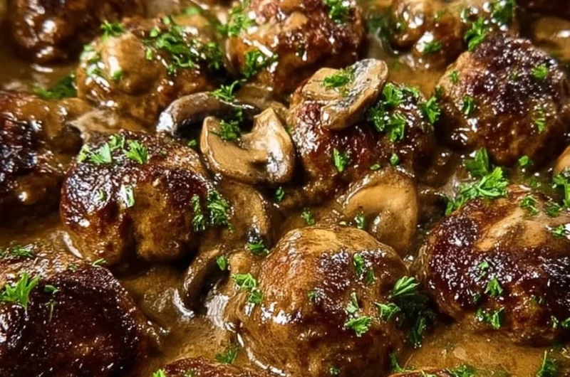 Salisbury steak meatballs with creamy mushroom gravy on a plate