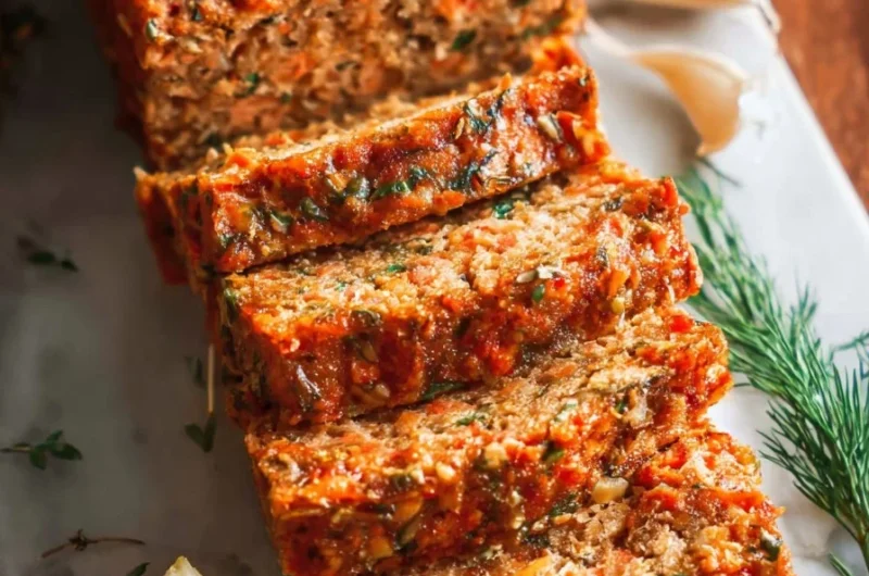 Deliciously baked salmon loaf ready to serve, garnished with fresh herbs.