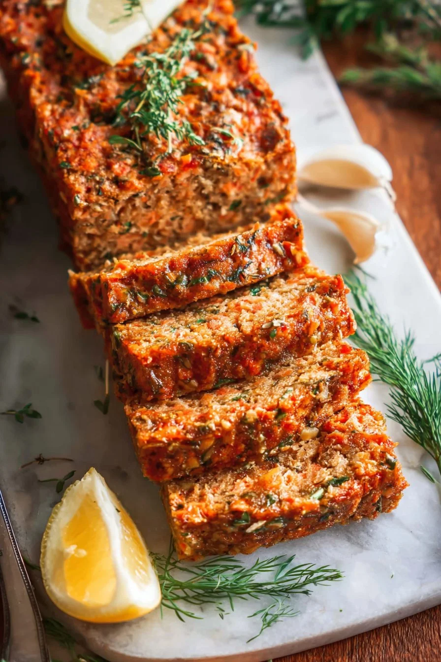 Deliciously baked salmon loaf ready to serve, garnished with fresh herbs.