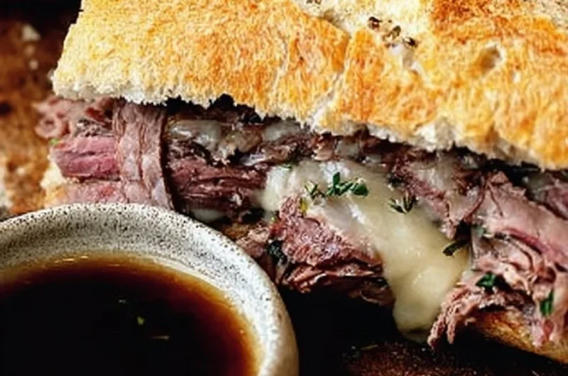Savory French Dip Sandwich served with flavorful au jus dip