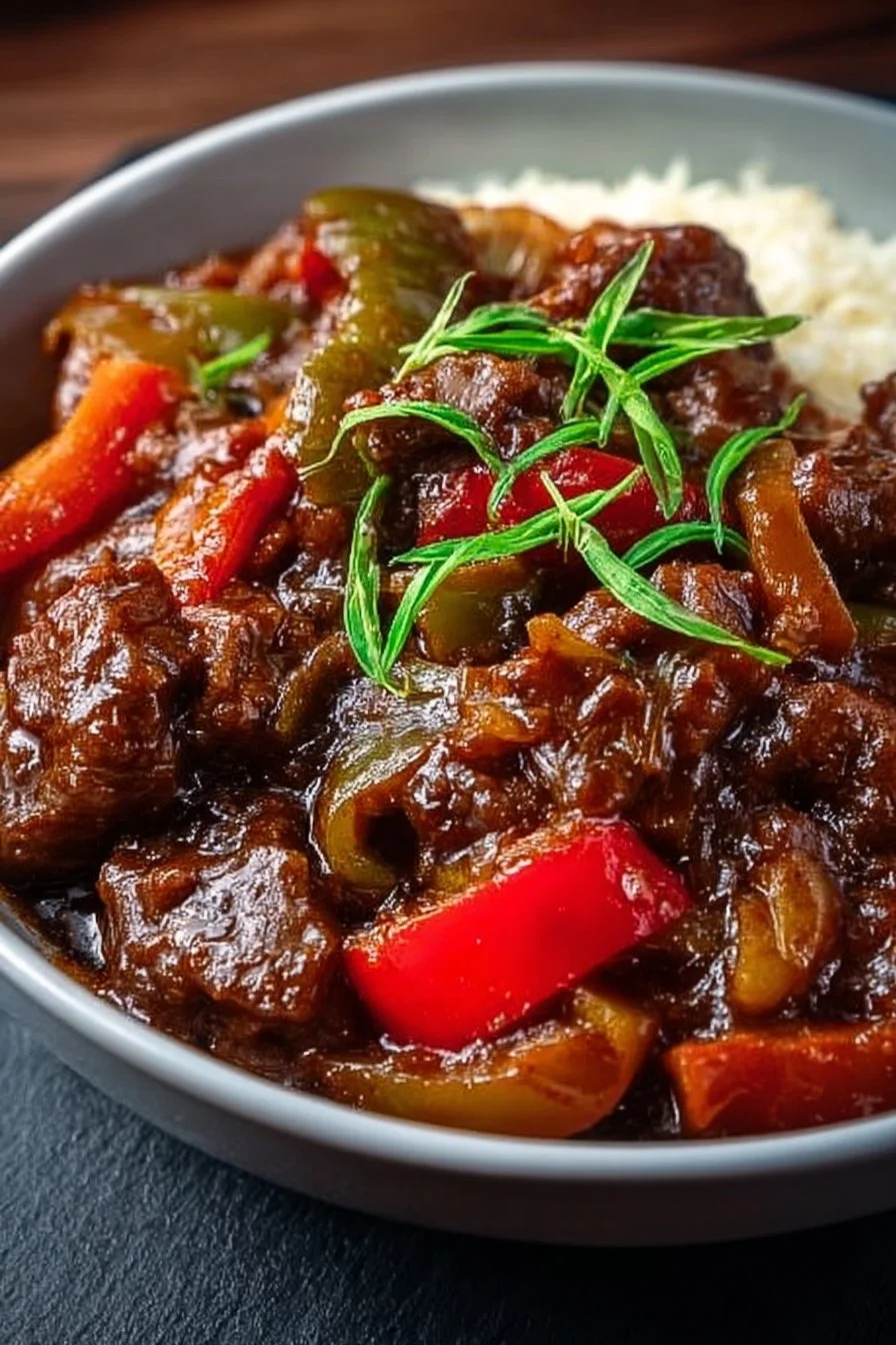 Slow cooked pepper steak served with vegetables on a plate