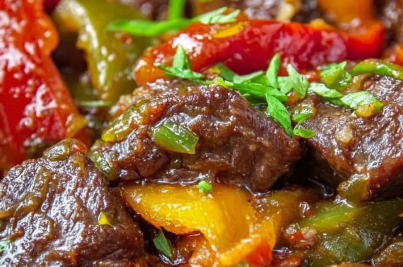 Savory slow cooker pepper steak served with vegetables on a plate.