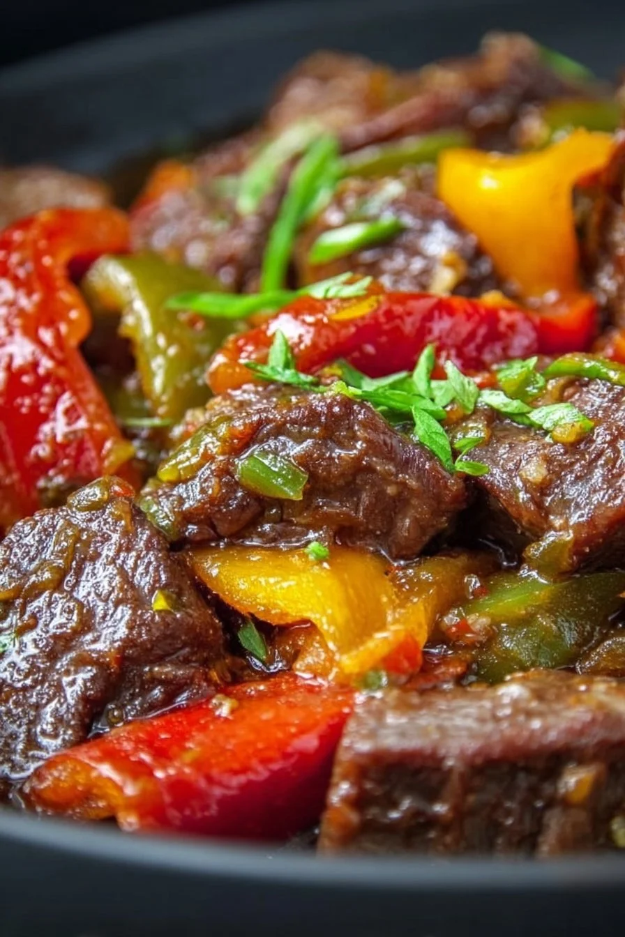 Savory slow cooker pepper steak served with vegetables on a plate.
