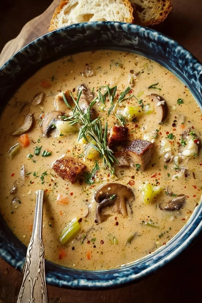 Savory bowl of turkey mushroom soup garnished with herbs