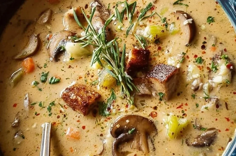 Savory bowl of turkey mushroom soup garnished with herbs