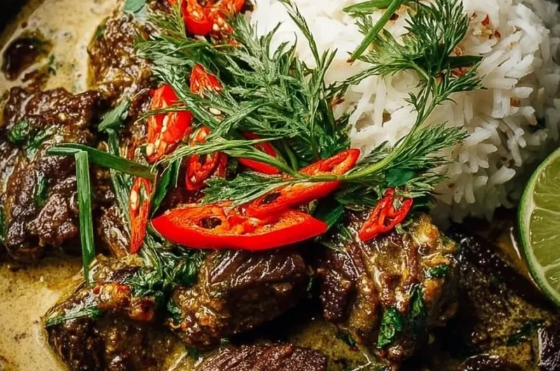 Plate of slow-braised beef in coconut milk and lemongrass sauce garnished with herbs.