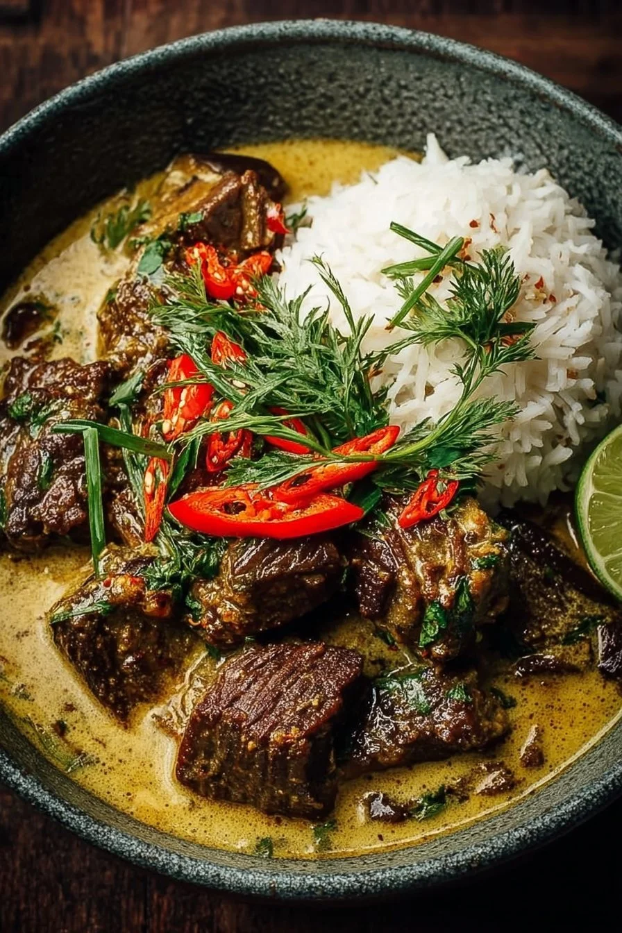 Plate of slow-braised beef in coconut milk and lemongrass sauce garnished with herbs.
