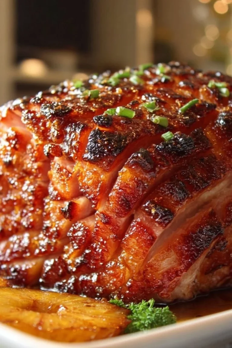 Slow Cooker Brown Sugar Pineapple Ham with glaze and pineapple slices