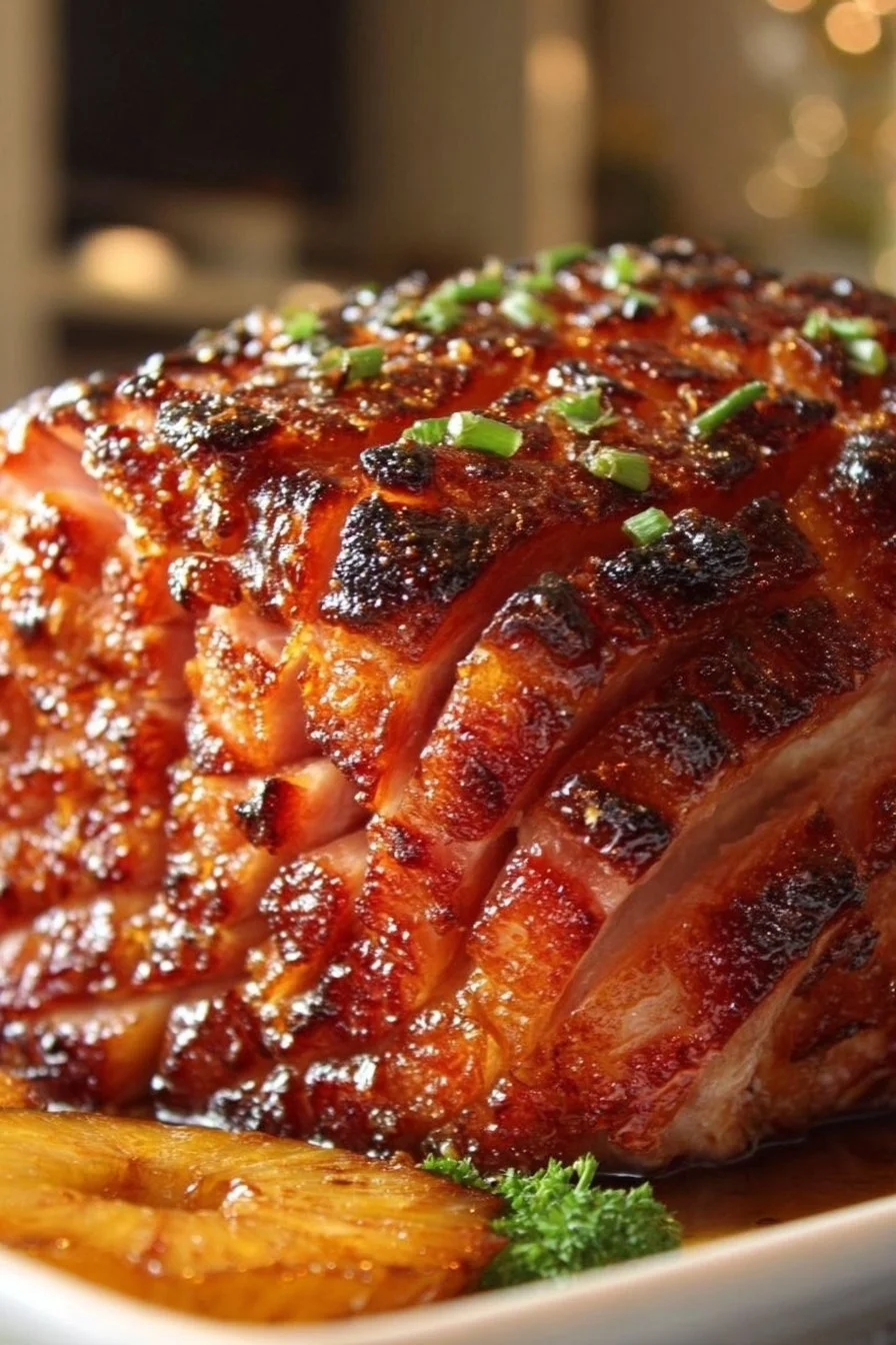 Slow Cooker Brown Sugar Pineapple Ham with glaze and pineapple slices