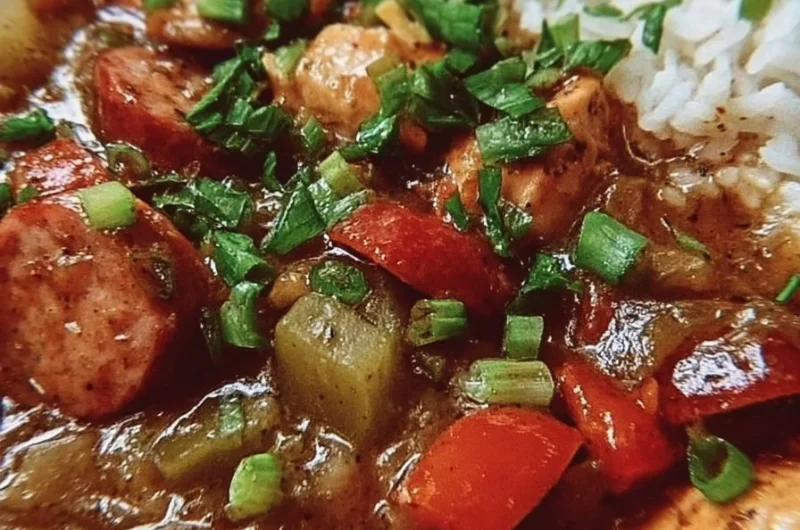 A hearty bowl of slow cooker chicken and sausage gumbo with vibrant colors.