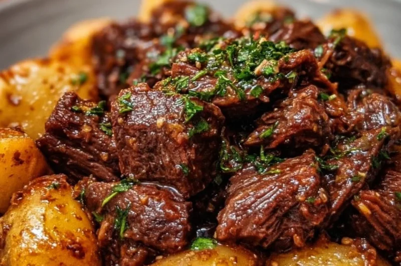 Slow Cooker Garlic Butter Beef with Potatoes in a serving bowl
