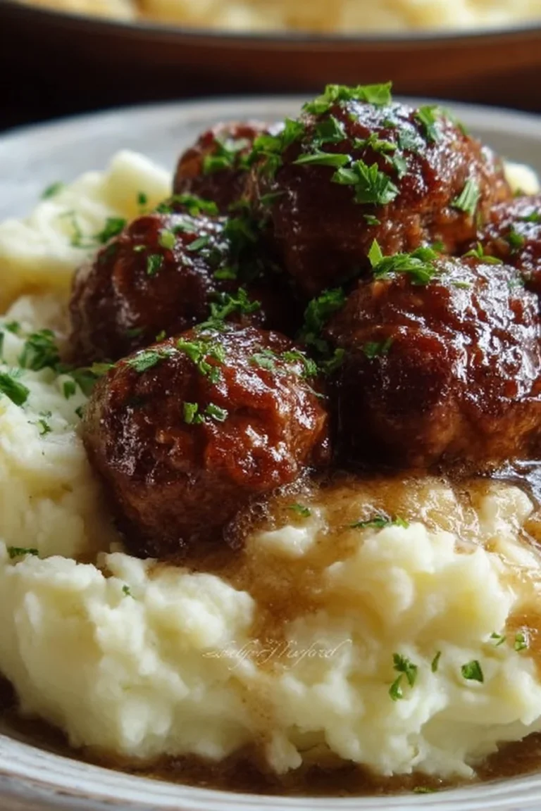Slow Cooker Salisbury Meatballs served with creamy mashed potatoes on a plate