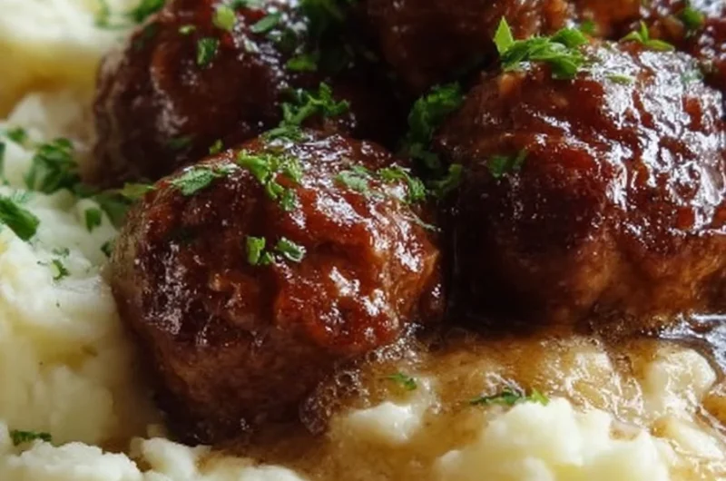 Slow Cooker Salisbury Meatballs served with creamy mashed potatoes on a plate