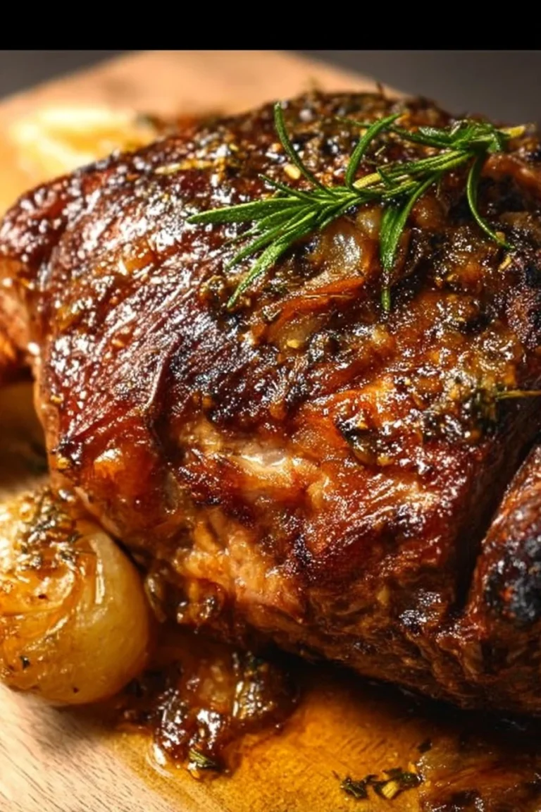 Slow roast lamb shoulder garnished with herbs and served with side dishes