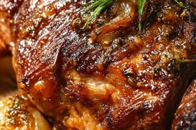 Slow roast lamb shoulder garnished with herbs and served with side dishes