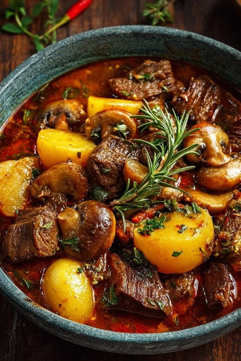 Bowl of slow-simmered coconut beef stew with potatoes and mushrooms
