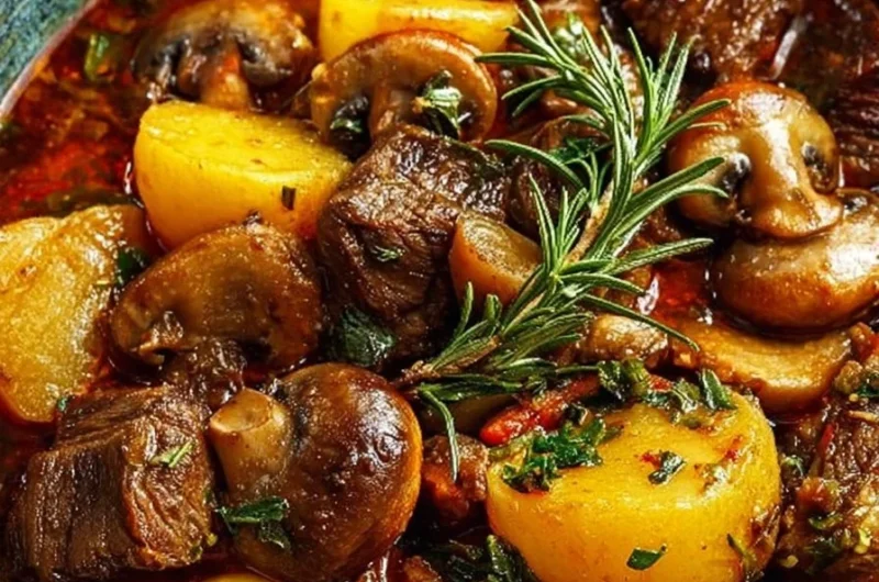 Bowl of slow-simmered coconut beef stew with potatoes and mushrooms