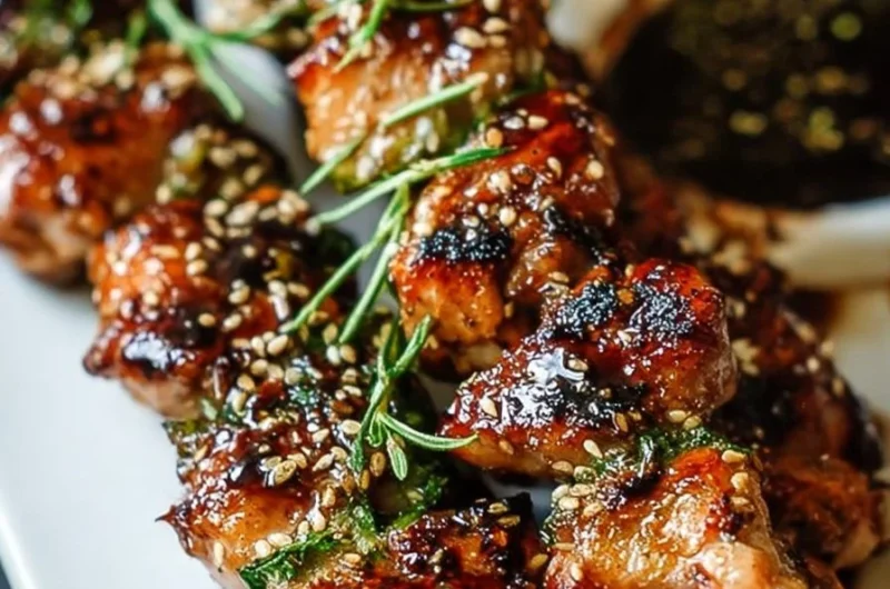 Smoky yakitori chicken skewers drizzled with ginger-garlic glaze