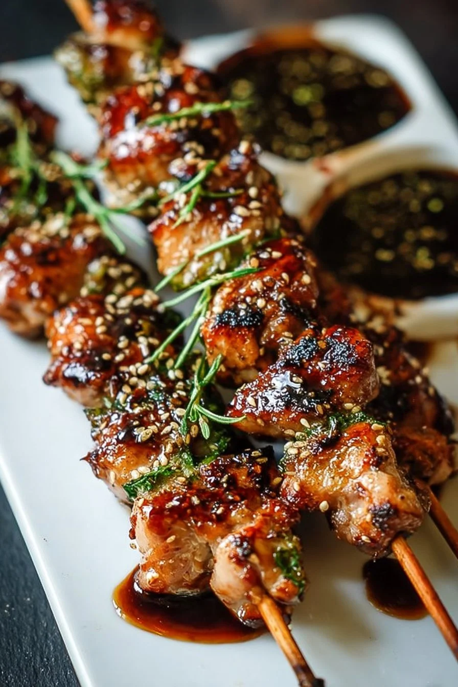 Smoky yakitori chicken skewers drizzled with ginger-garlic glaze