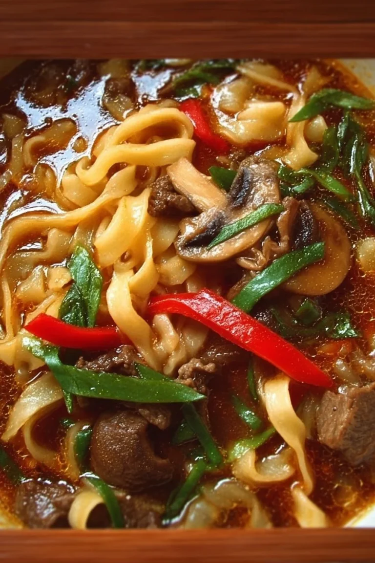 Bowl of spicy beef noodles with mushrooms and ginger garnished with herbs