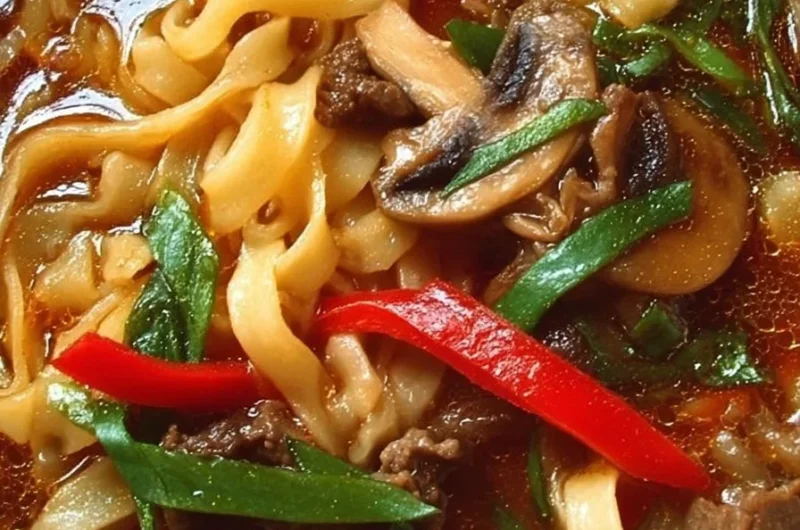 Bowl of spicy beef noodles with mushrooms and ginger garnished with herbs