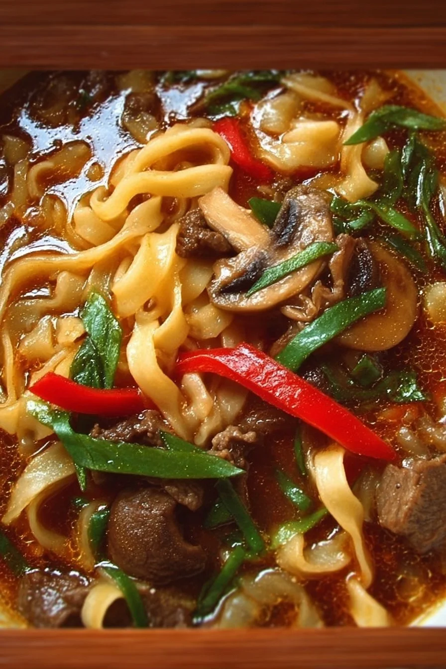 Bowl of spicy beef noodles with mushrooms and ginger garnished with herbs