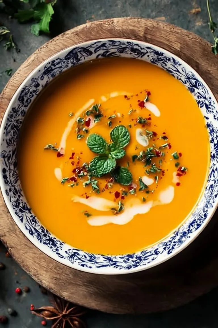 Bowl of spicy butternut squash sweet potato soup garnished with herbs