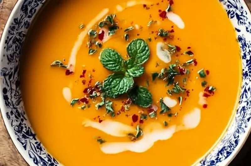 Bowl of spicy butternut squash sweet potato soup garnished with herbs