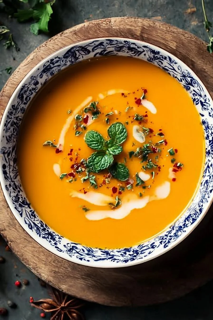 Bowl of spicy butternut squash sweet potato soup garnished with herbs