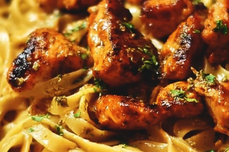 Spicy Cajun honey butter chicken served with pasta on a rustic plate