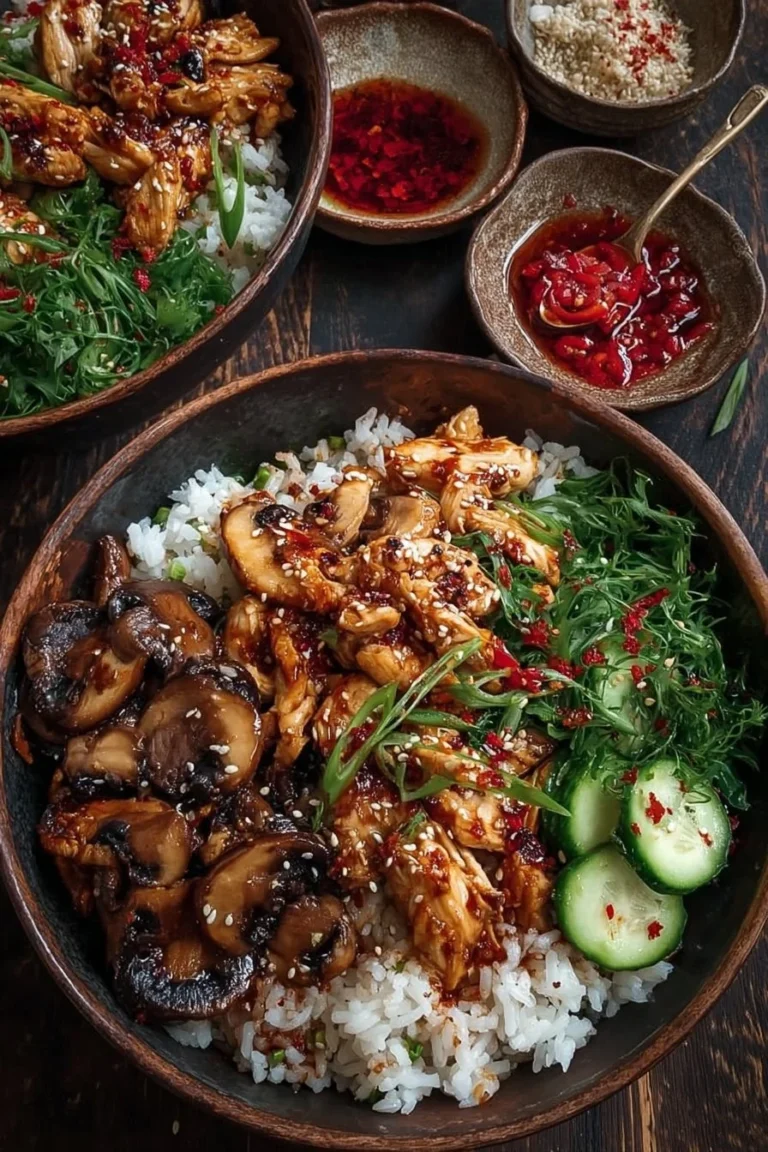 Spicy-sweet chicken and mushroom rice bowls for weeknight dinners