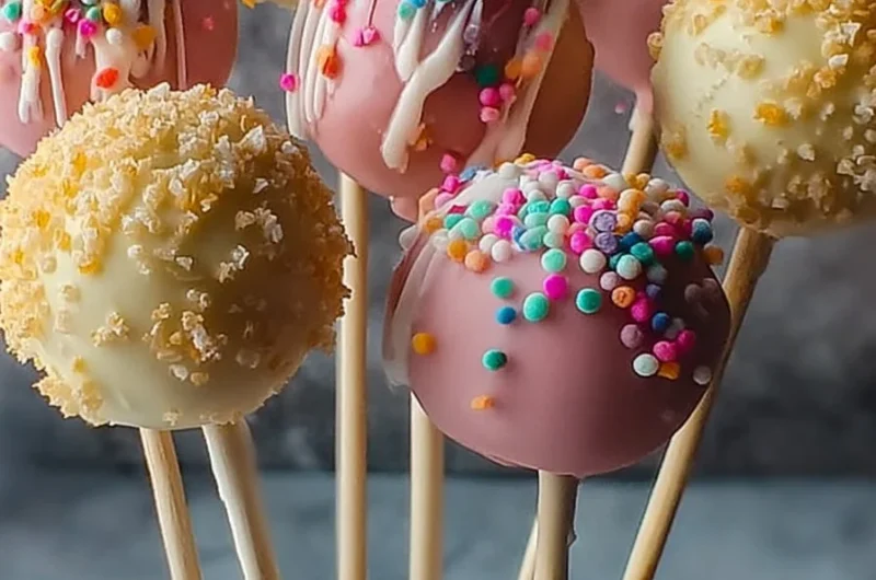 Delicious Starbucks Copycat Birthday Cake Pops topped with colorful sprinkles