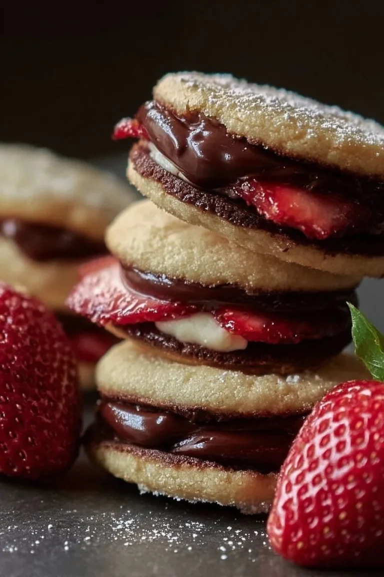 Strawberry ganache sandwich cookies with creamy filling